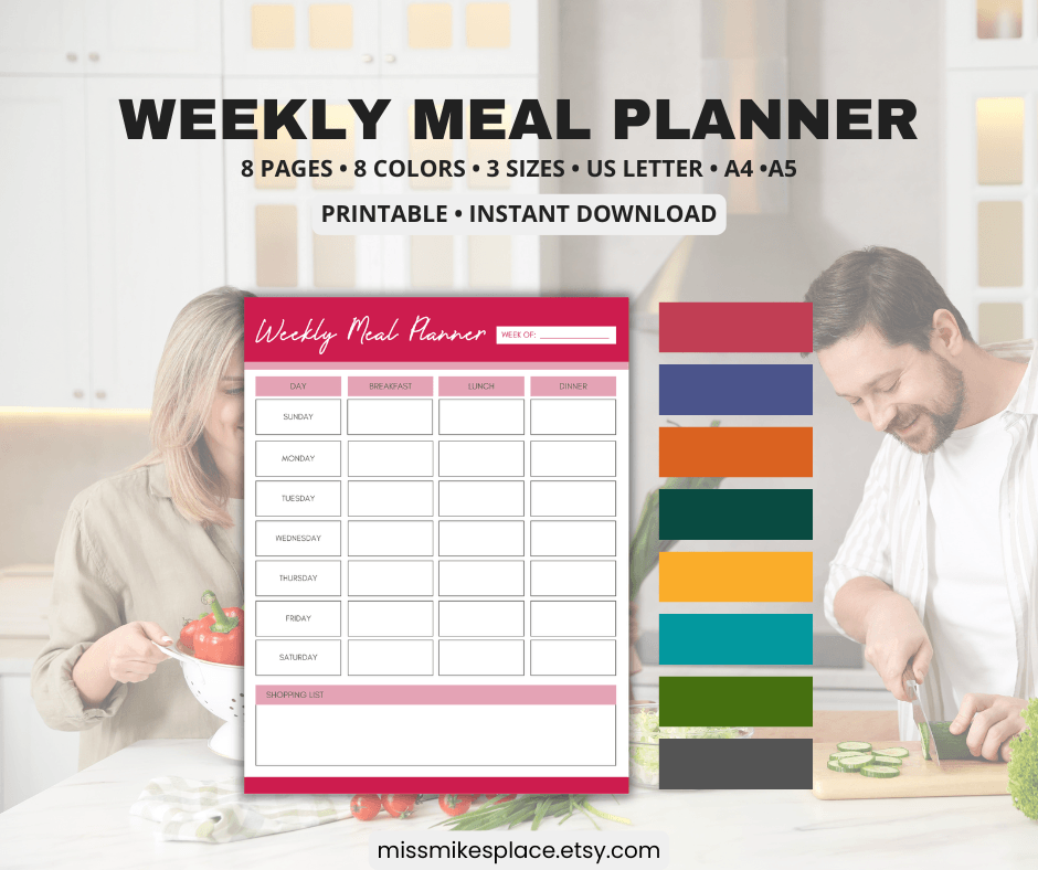Printable meal planner available in 8 colors