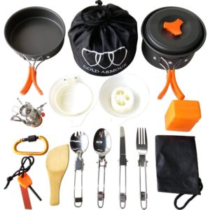 Complete set of cookware including camp stove for the backpacker