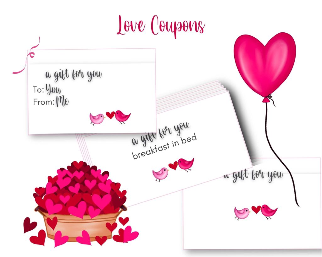 Valentines Day love coupons with rose petals and red balloons