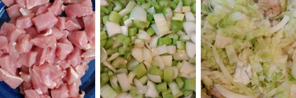 Pork, onion, celery, cabbage for Filipino spaghetti
