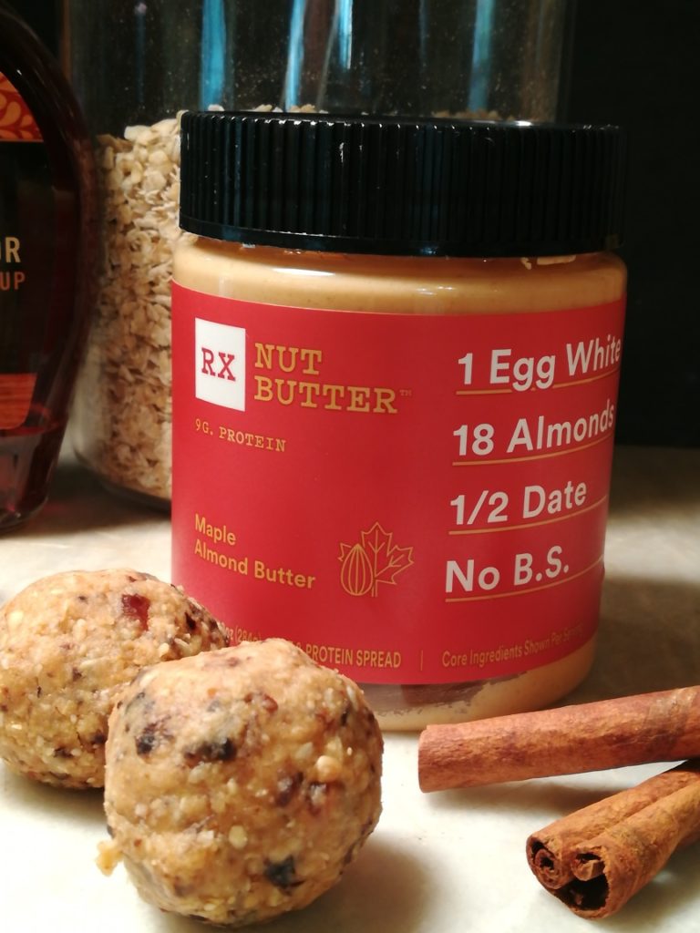 Rx nut butter, cinnamon sticks, and energy bites