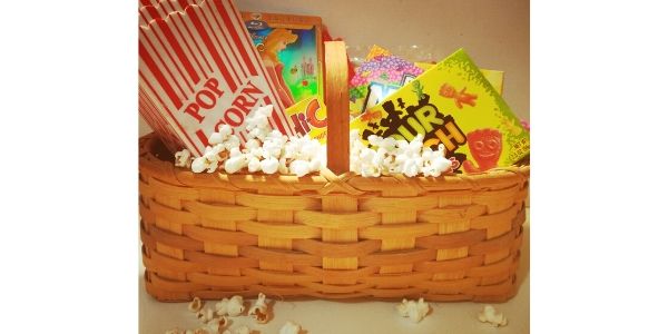 Movie night basket with snacks