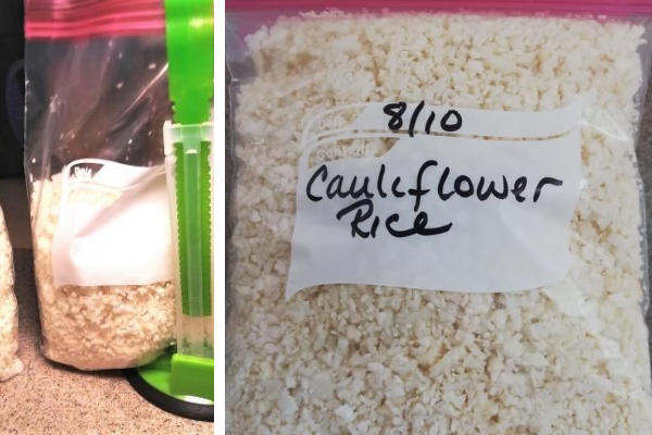 Cauliflower rice ready for the freezer