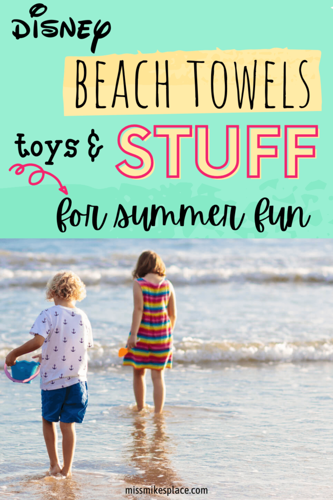 Kids on the beach with toys, pinterest pin with post title