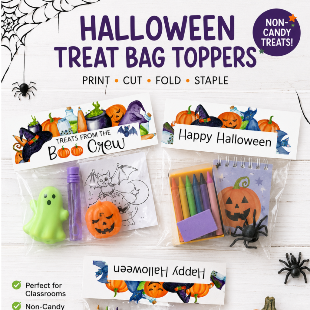 Halloween non candy treat bags filled with toys, pencils, and stickers.